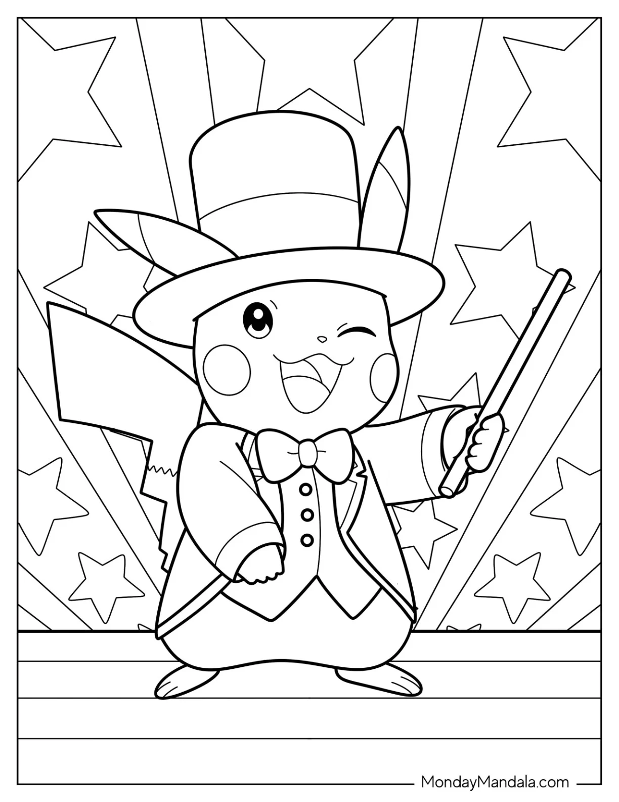 Magic Coloring Page Of Pikachu In A Top Hat Holding A Wand For Kids coloring page — printable line art