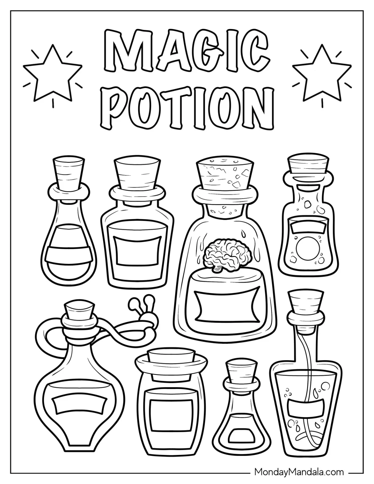 Magic Coloring Page Of Potion Bottles coloring page — printable line art