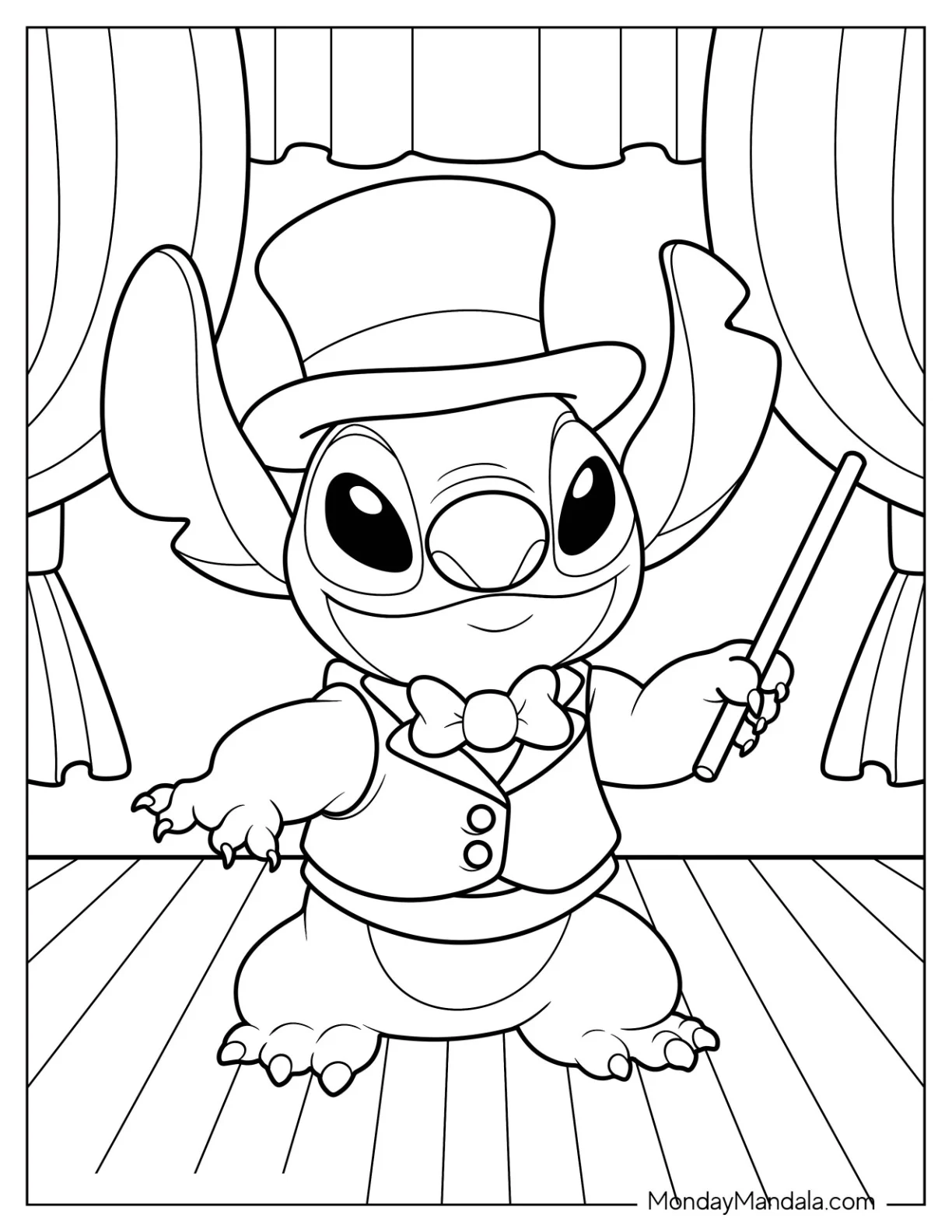 Magic Coloring Page Of Stitch In A Coat And Top Hat Performing Magic With A Wand coloring page