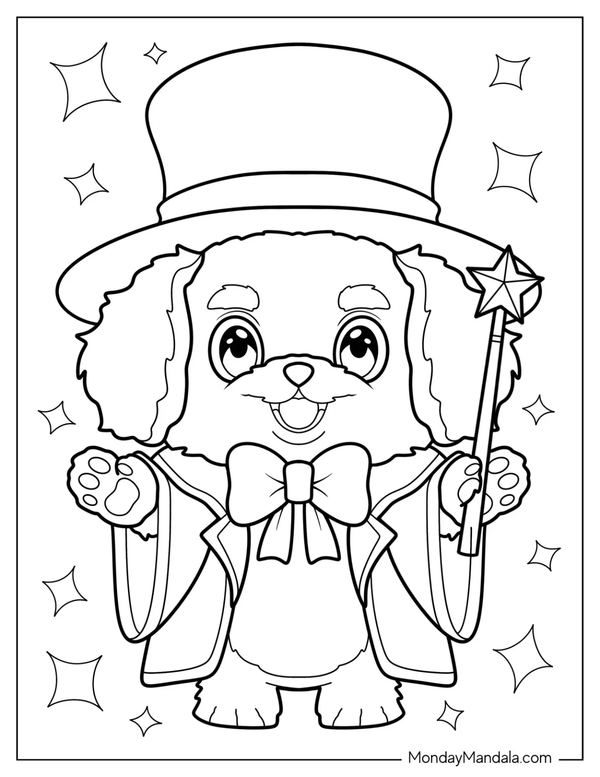 Magic Coloring Page Of Wizardly Dog Performing Magic For Preschoolers coloring page