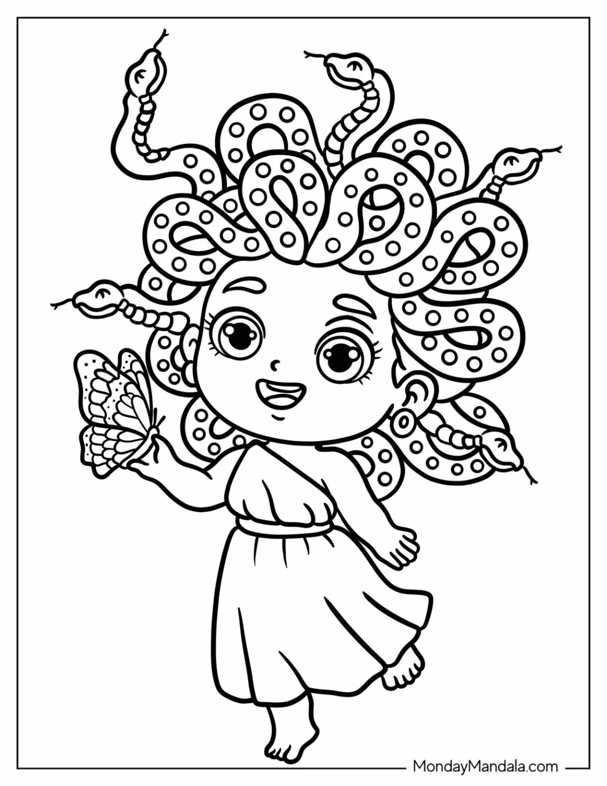 Adorable Little Medusa Coloring Page Dancing with a Butterfly for Preschoolers coloring page