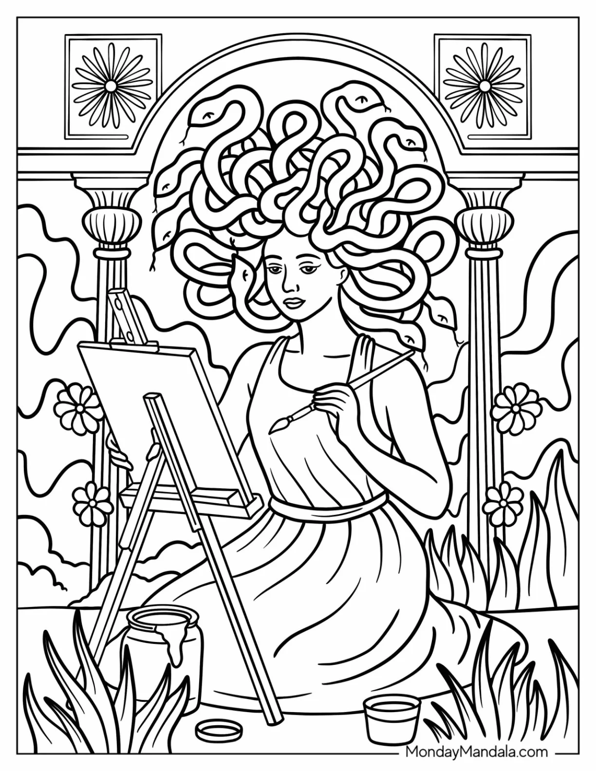 Artistic Medusa Coloring Page Painting on a Canvas in a Garden Temple coloring page