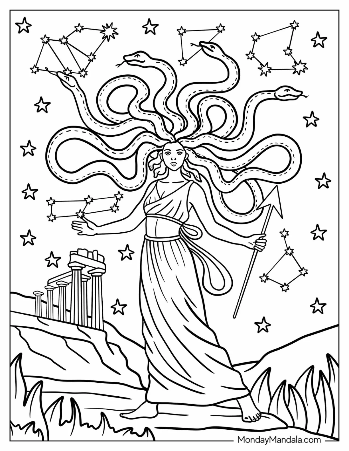 Celestial Medusa Coloring Page with Constellation Snakes and Starry Sky coloring page