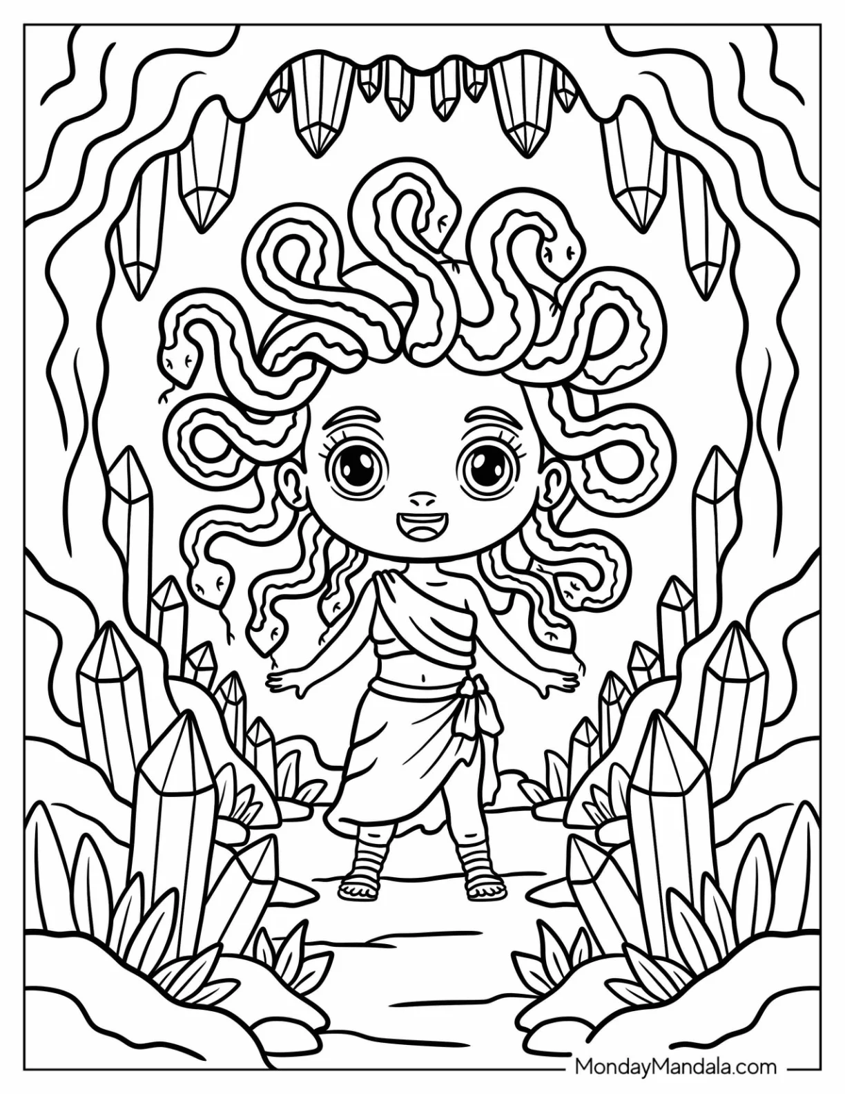 Cute Baby Medusa Coloring Page in a Sparkling Crystal Cave for Kids coloring page