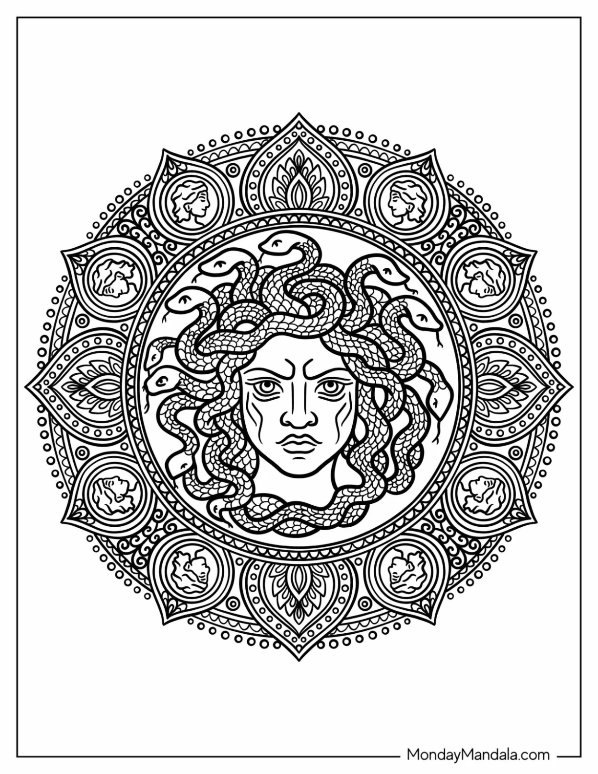 Intricate Medusa Coloring Page Mandala with Serpent Hair and Sacred Symbols coloring page