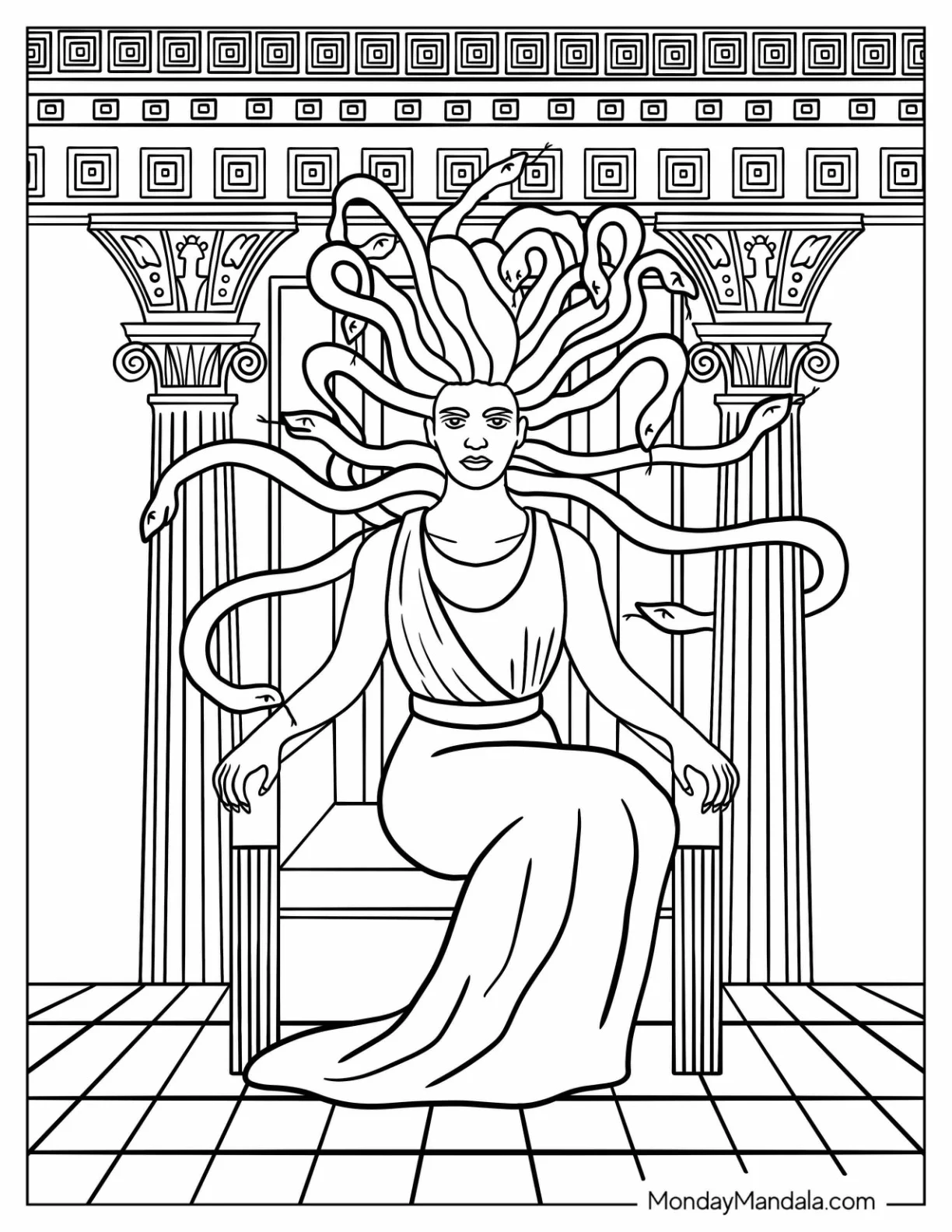 Majestic Medusa Coloring Page Sitting on a Throne of Stone and Snakes coloring page