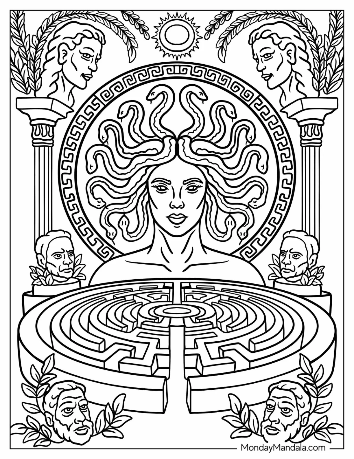 Medusa Coloring Page with Snake Hair Above a Mythical Labyrinth coloring page
