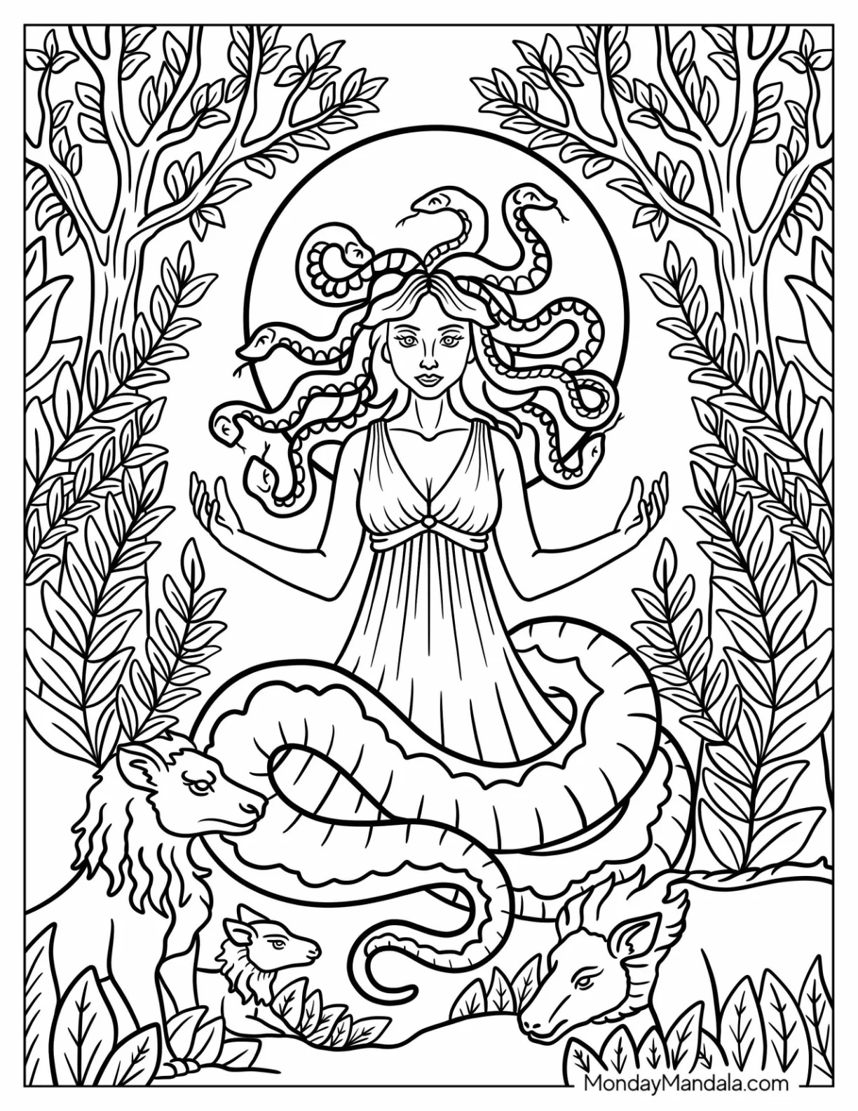 Mysterious Medusa Coloring Page in a Forest Shrine with Wild Animals coloring page
