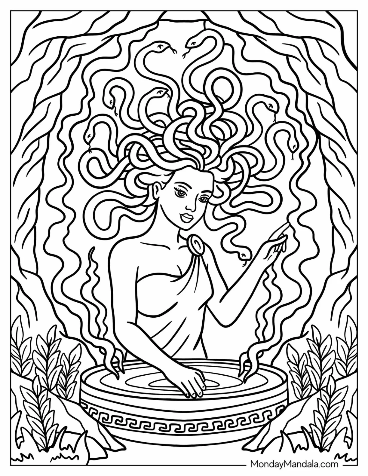 Mystical Medusa Coloring Page Gazing into a Magic Pool with Serpent Hair for Kids coloring page