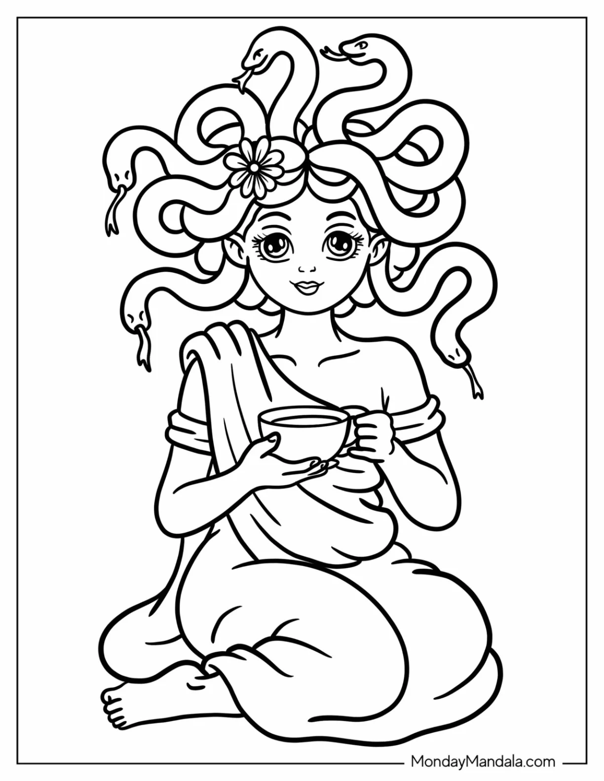 Peaceful Medusa Coloring Page Drinking Tea with Snake Hair and Flower Crown for Kids coloring page