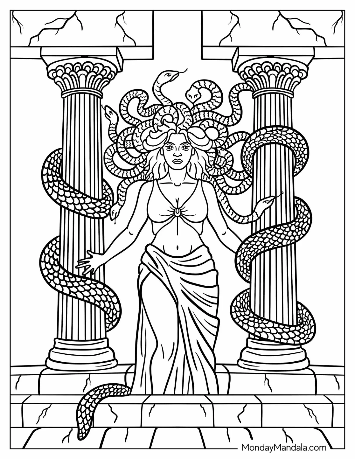 Powerful Medusa Coloring Page with Snake Hair and Crumbling Greek Columns coloring page