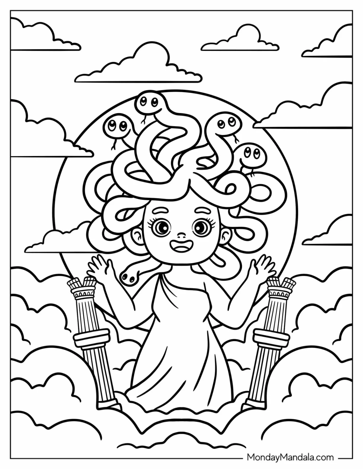 Smiling Baby Medusa Coloring Page in the Clouds with Friendly Snakes for Kids coloring page