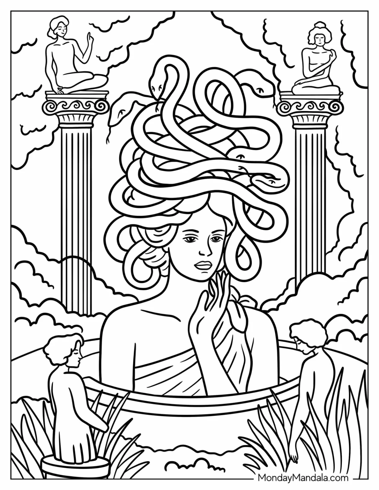 Tragic Gorgon Medusa Coloring Page Surrounded by Statues and Clouds coloring page