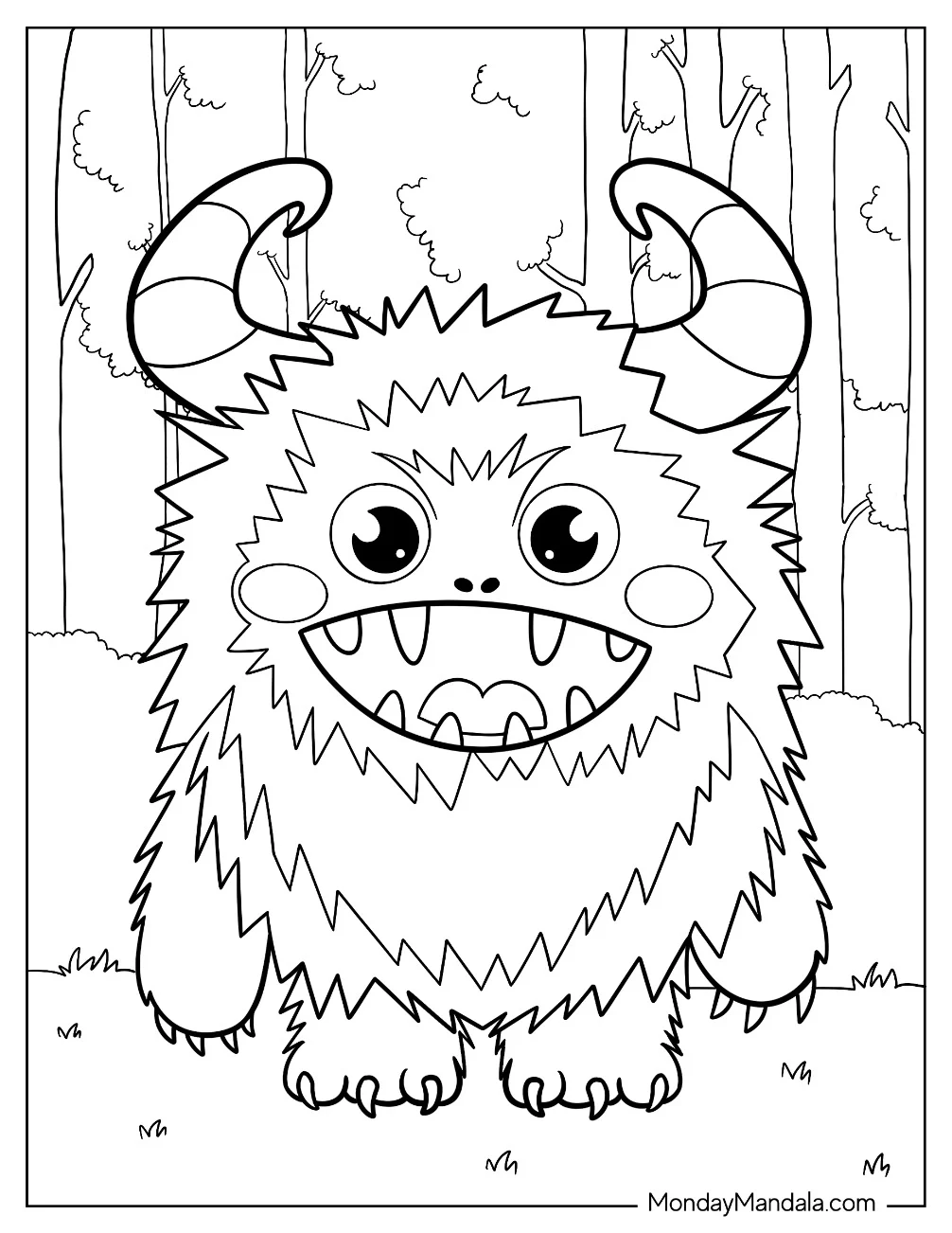 Adorable Hairy Monster Coloring Page With Horns coloring page