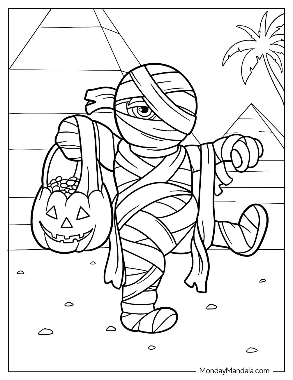 Cute Mummy Monster Coloring Page Walking Out Of A Pyramid With Trick Or Treat Basket coloring page