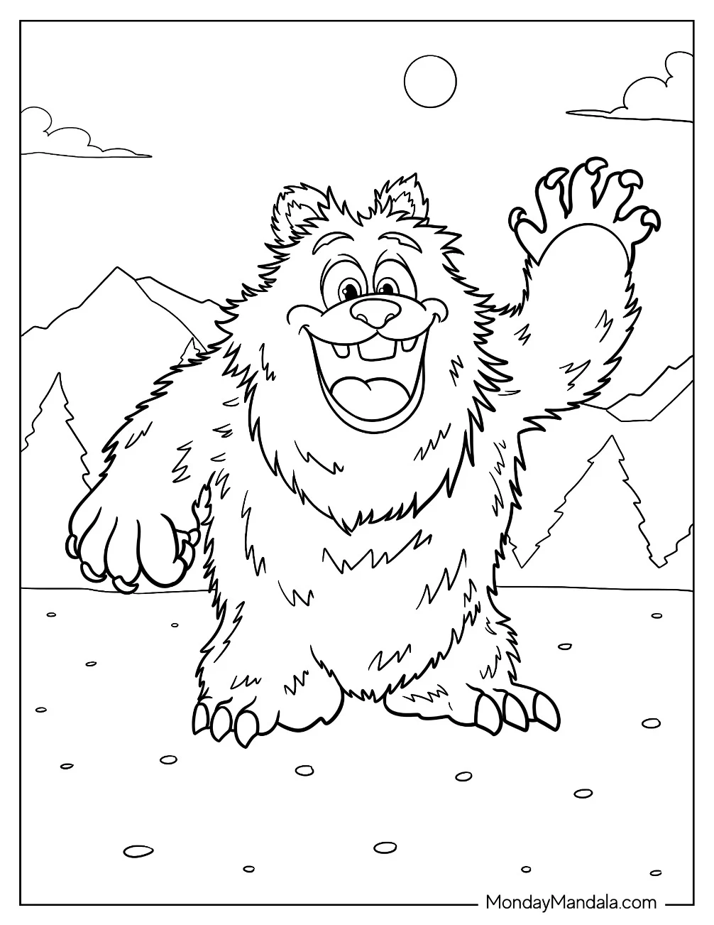 Friendly Hairy Monster Coloring Page Waving coloring page — printable line art