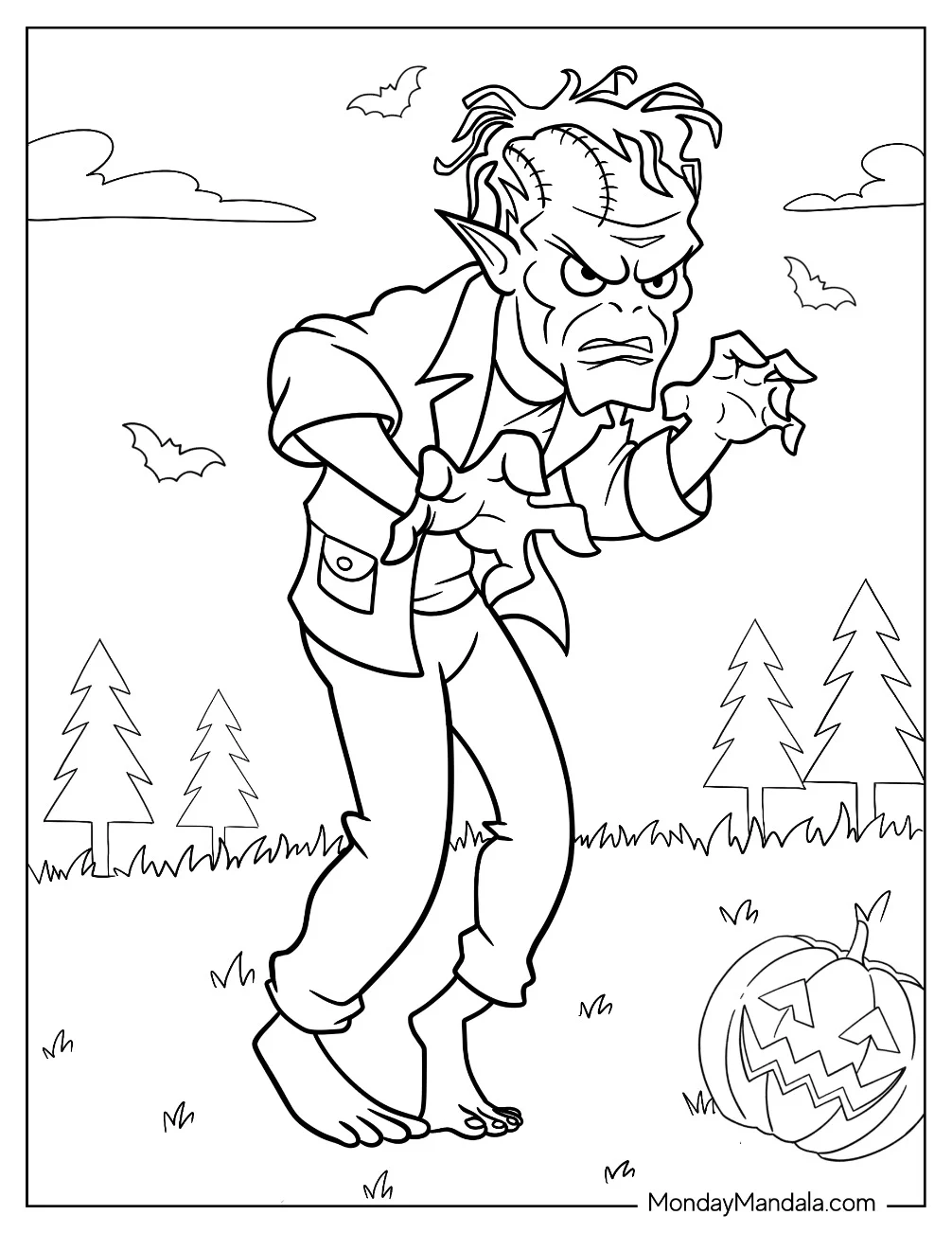 Monster Coloring Page Of Angry Zombie Walking In The Forest coloring page
