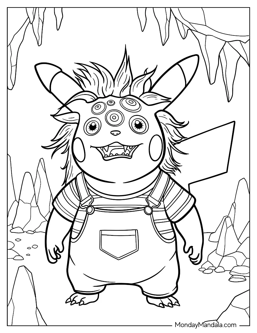Monster Coloring Page Pikachu In Stripes And Overalls coloring page