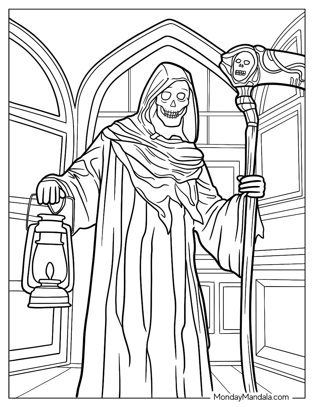 Monster Coloring Page Realistic Grim Reaper Holding Lamp And Scythe coloring page