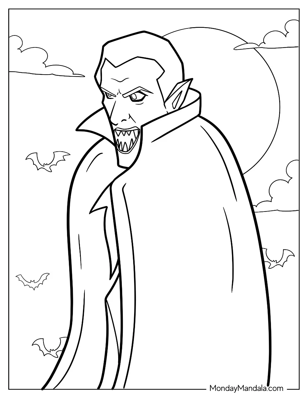 Monster Coloring Page Snarling Dracula With A Full Moon For Kids coloring page