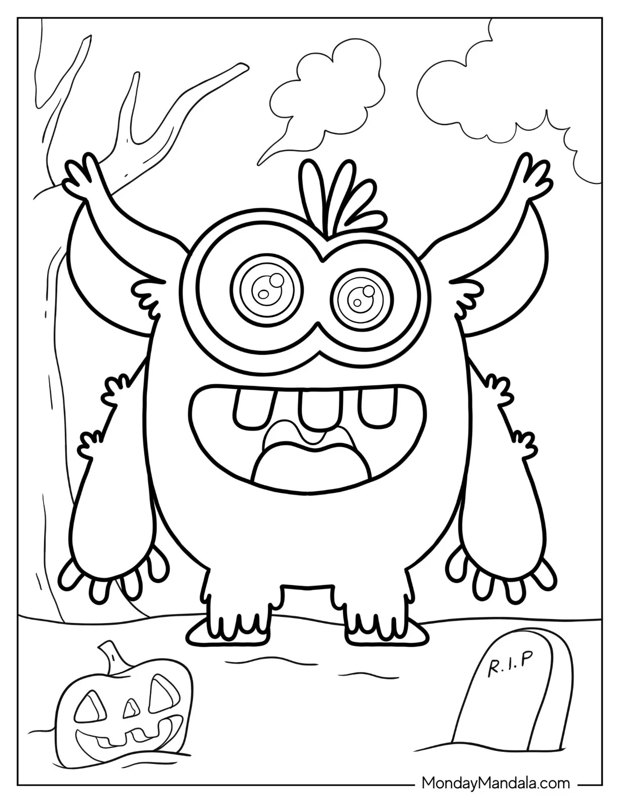 Scary Looking Monster Coloring Page In Graveyard coloring page