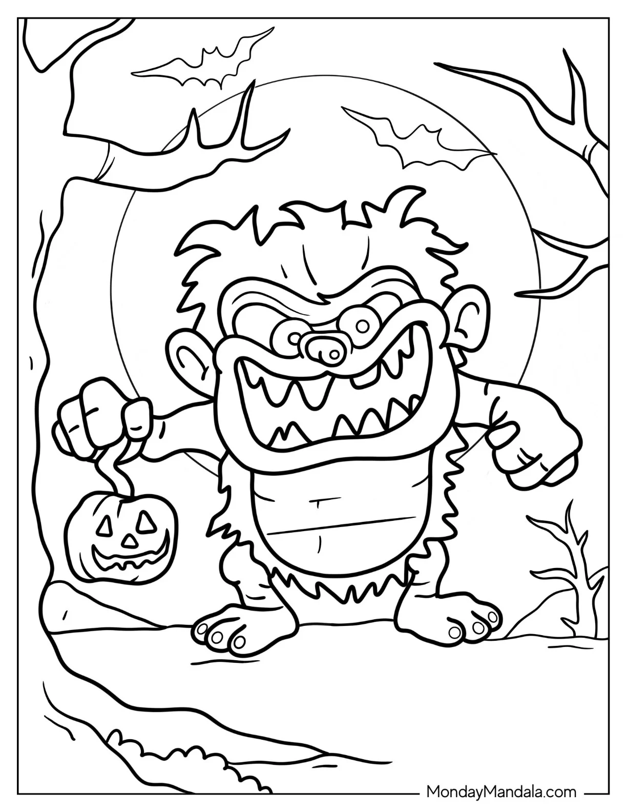 Scary Monster Coloring Page Holding Jack O Lantern coloring page