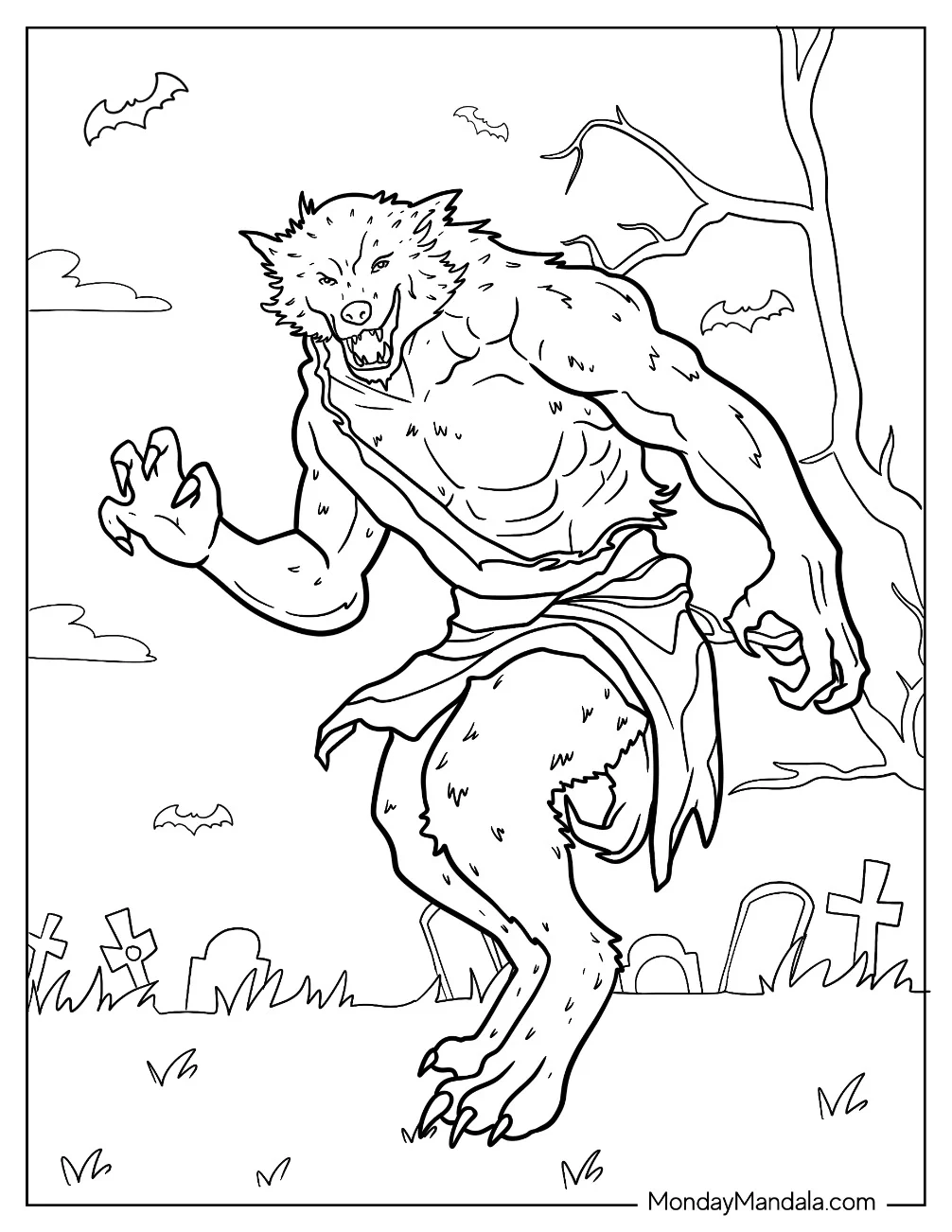 Scary Werewolf Monster In The Cemetery coloring page