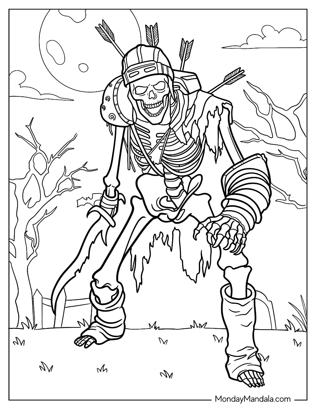 Skeleton Monster Coloring Page With Helmet, Arrows, And Sword coloring page