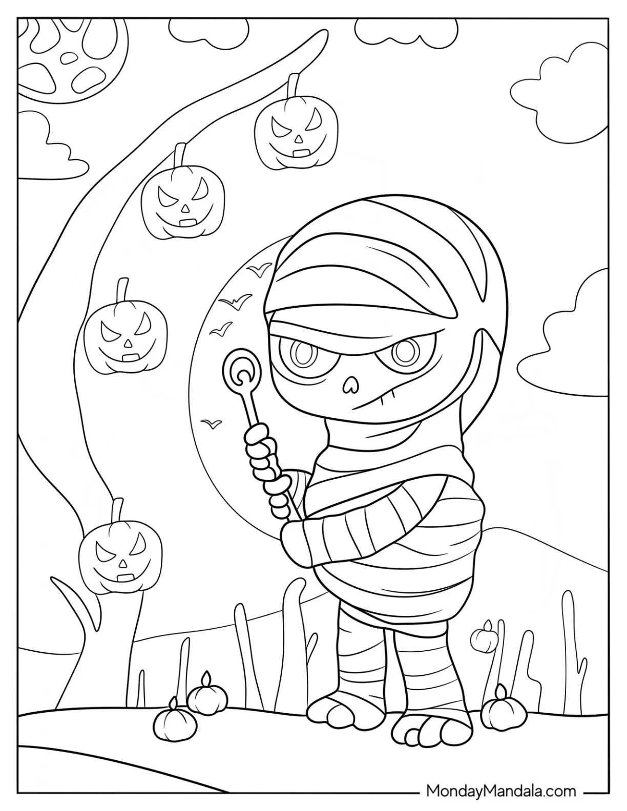Adorable Egyptian Mummy Coloring Page With Jack O Lanterns coloring page