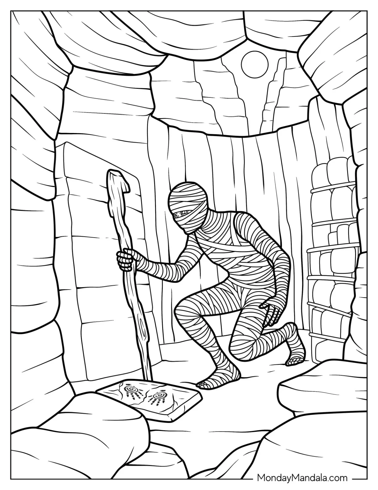 Ancient Egyptian Mummy Coloring Page Discovering Hieroglyphs in Hidden Tomb coloring page