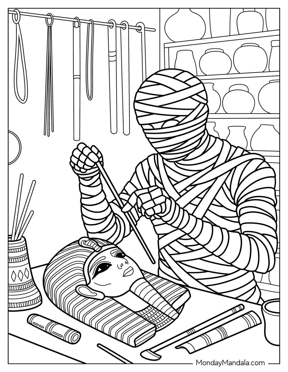 Bandaged Mummy Coloring Page Crafting a Pharaoh’s Death Mask in Artisan Room coloring page