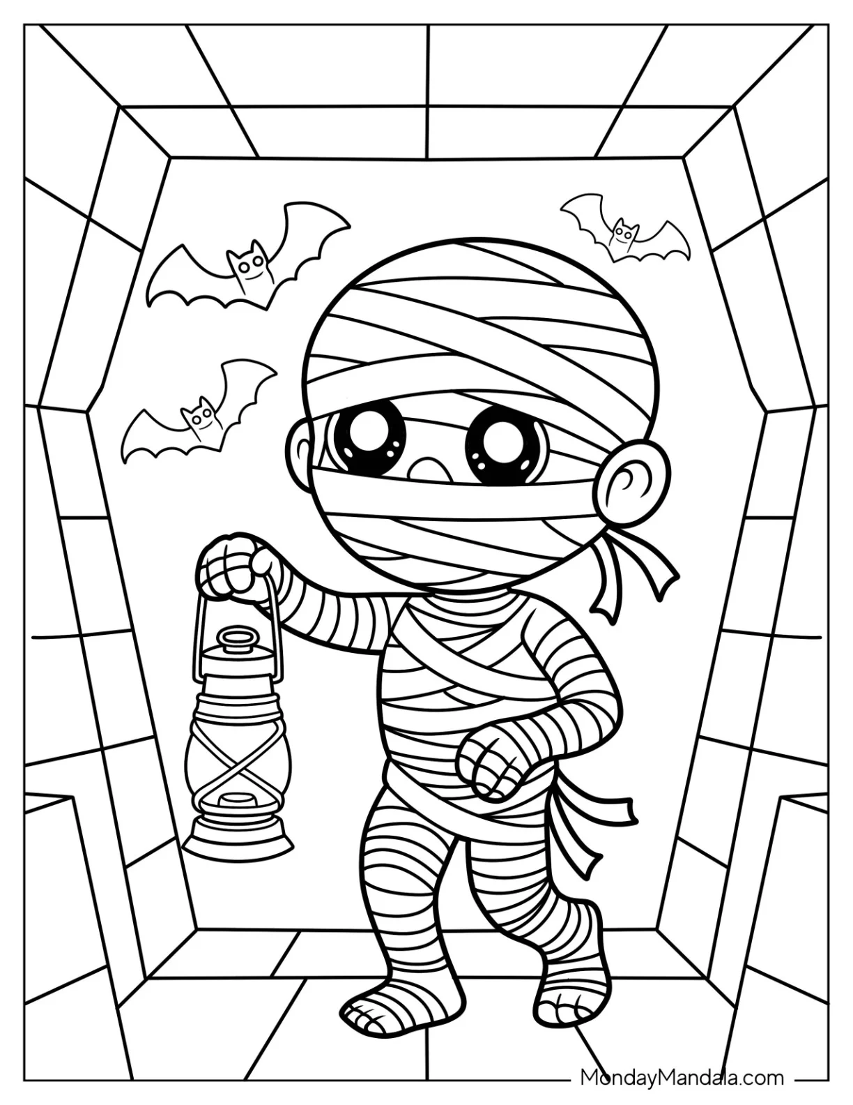 Chibi Mummy Coloring Page Exploring a Tomb with Lantern for Kids coloring page