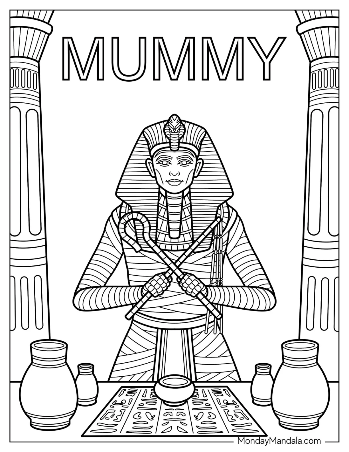 Egyptian Mummy Coloring Page Priest with Crossed Scepters in Temple Chamber coloring page