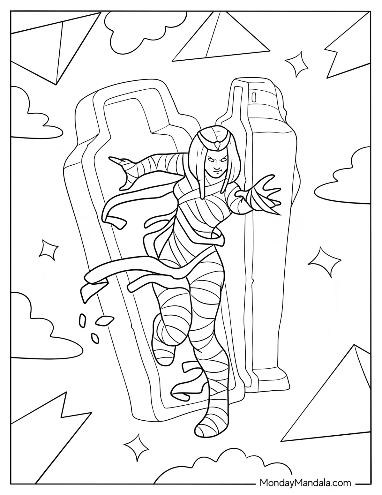 Female Mummy Coloring Page Walking Out Of Coffin coloring page