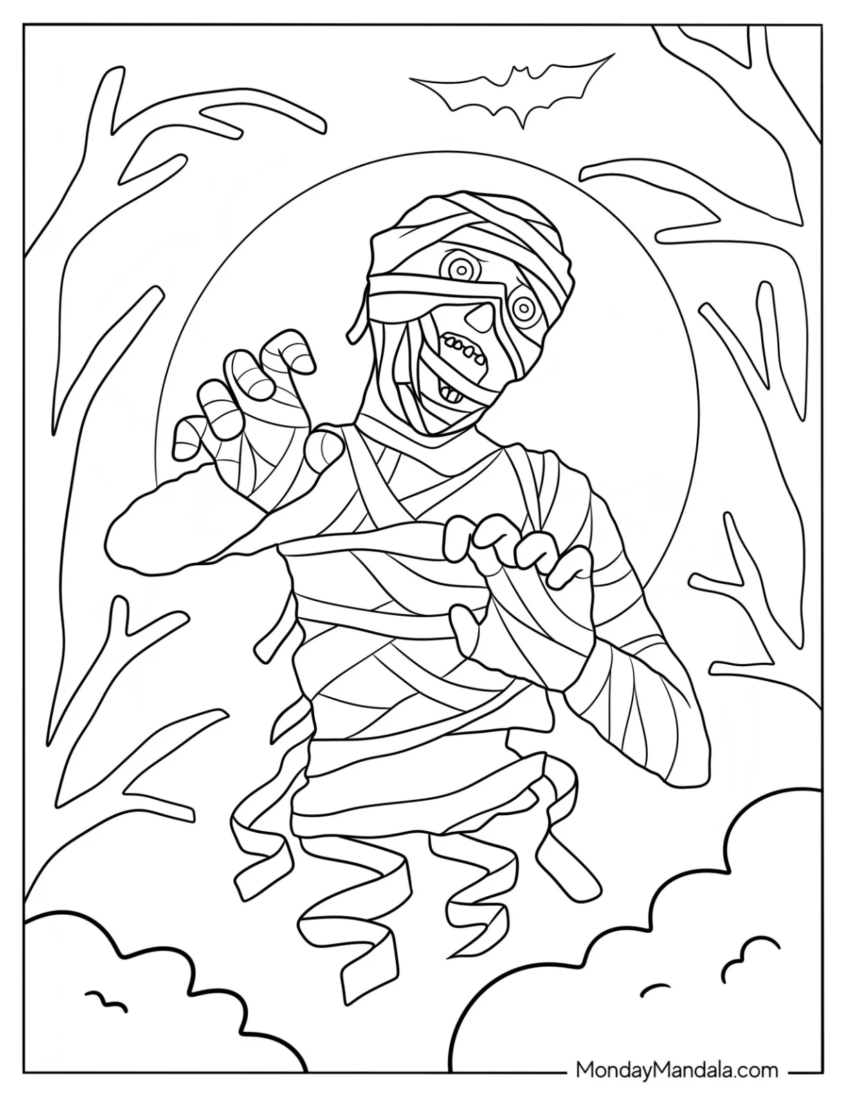 Halloween Mummy Coloring Page With Full Moon coloring page