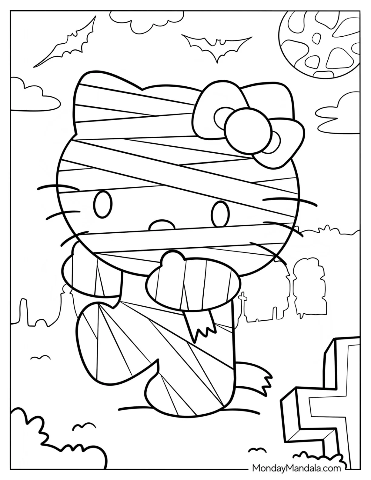 Hello Kitty Mummy Coloring Page In The Cemetery For Kids coloring page — printable line art