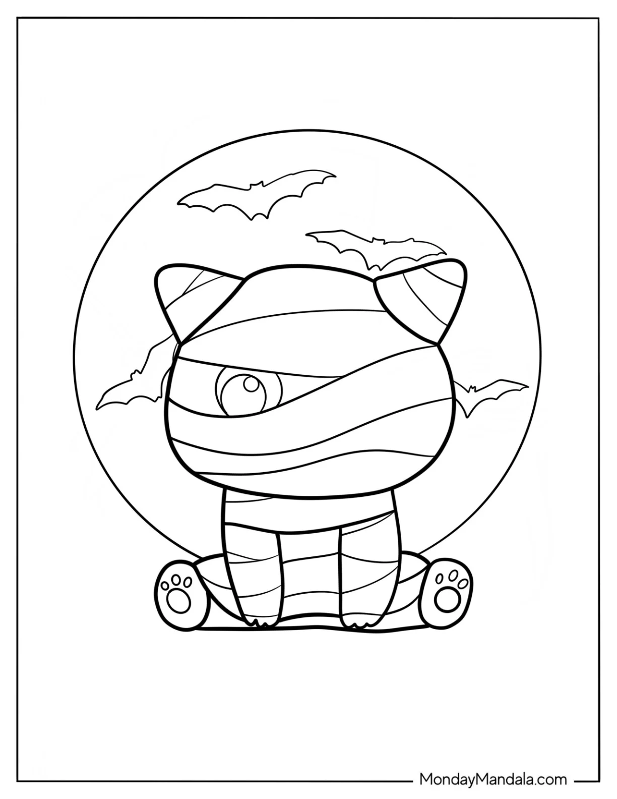 Kawaii Cat Mummy Coloring Page With Bats For Preschoolers coloring page