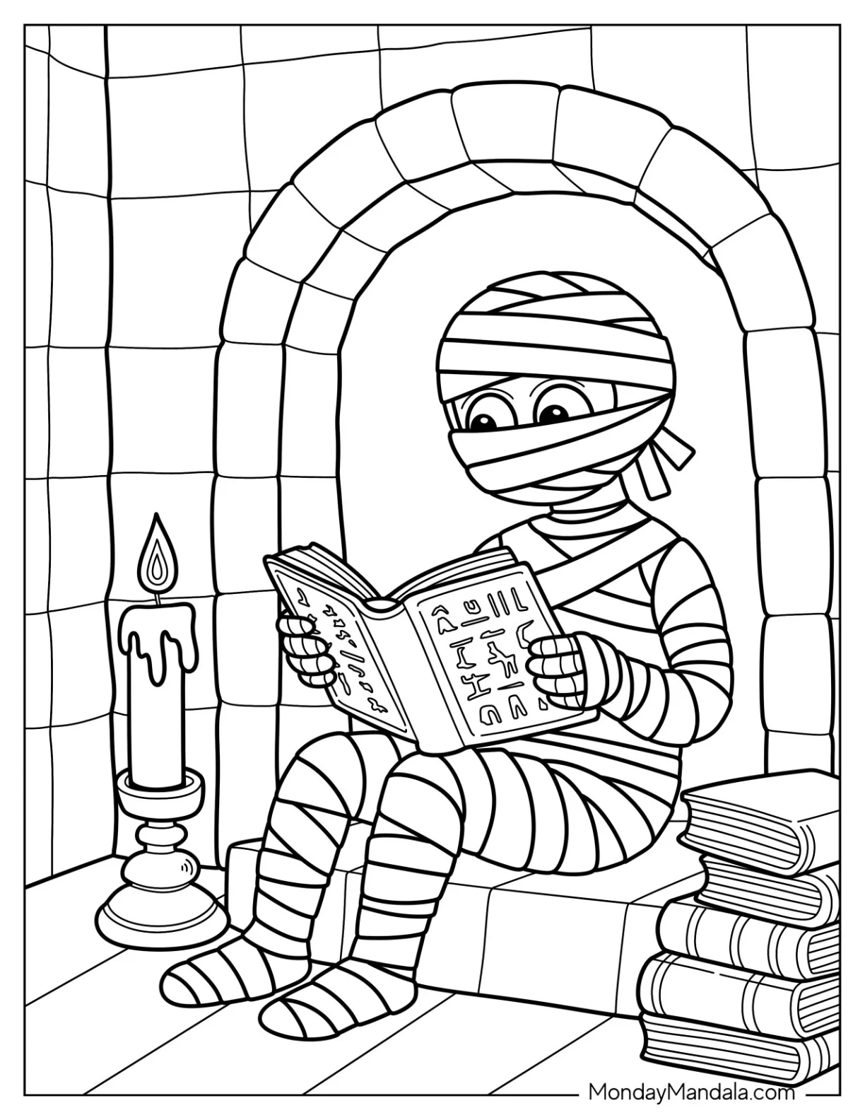 Mummy Coloring Page Sitting with Magic Book and Candle in Tomb Alcove for Kids coloring page