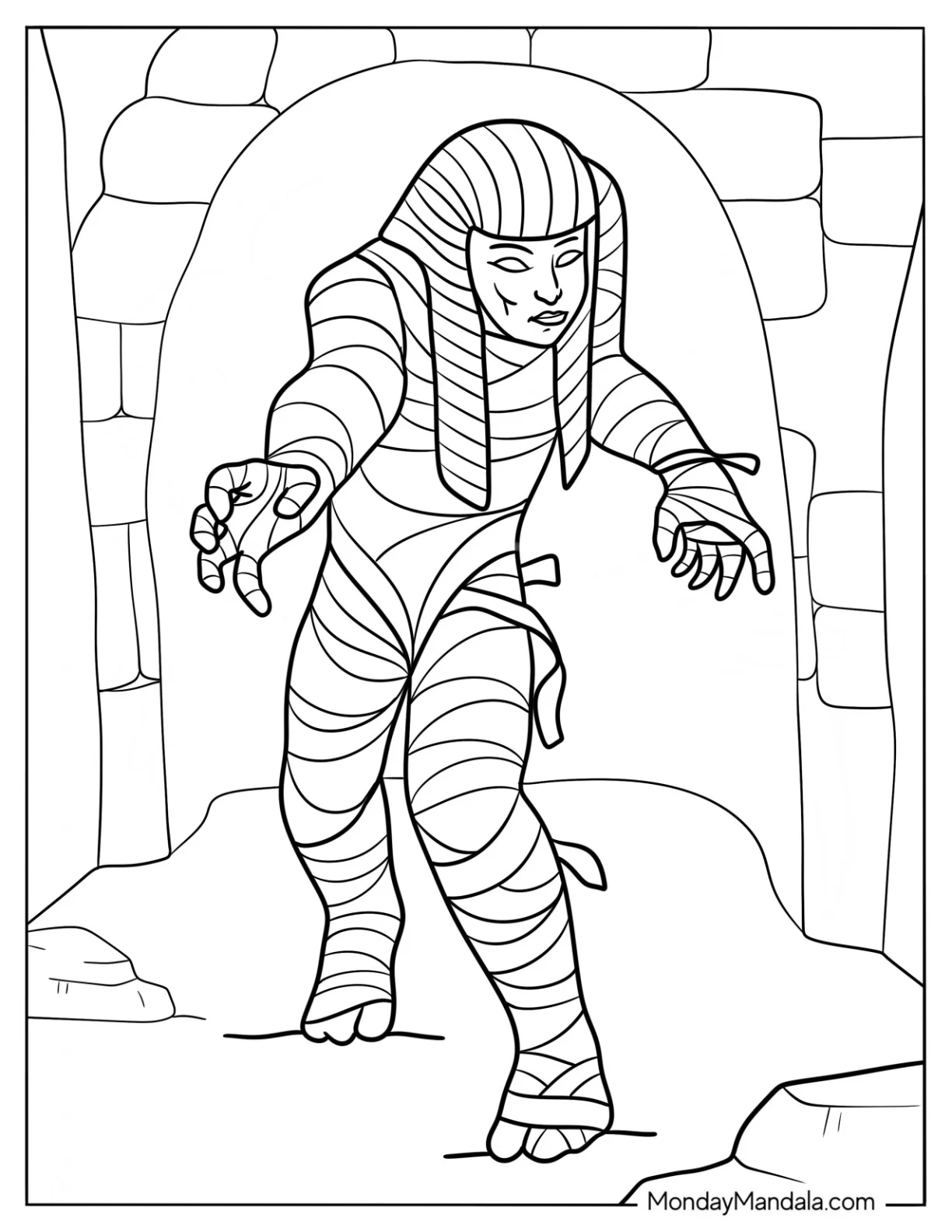 Mummy Coloring Page Stumbling Out Of A Stone Tomb coloring page — printable line art