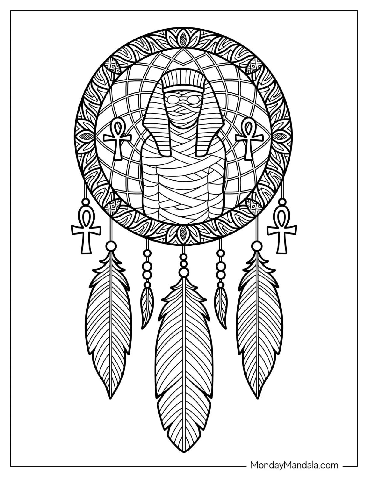 Mystical Mummy Coloring Page in Dreamcatcher with Ankhs and Feathers coloring page