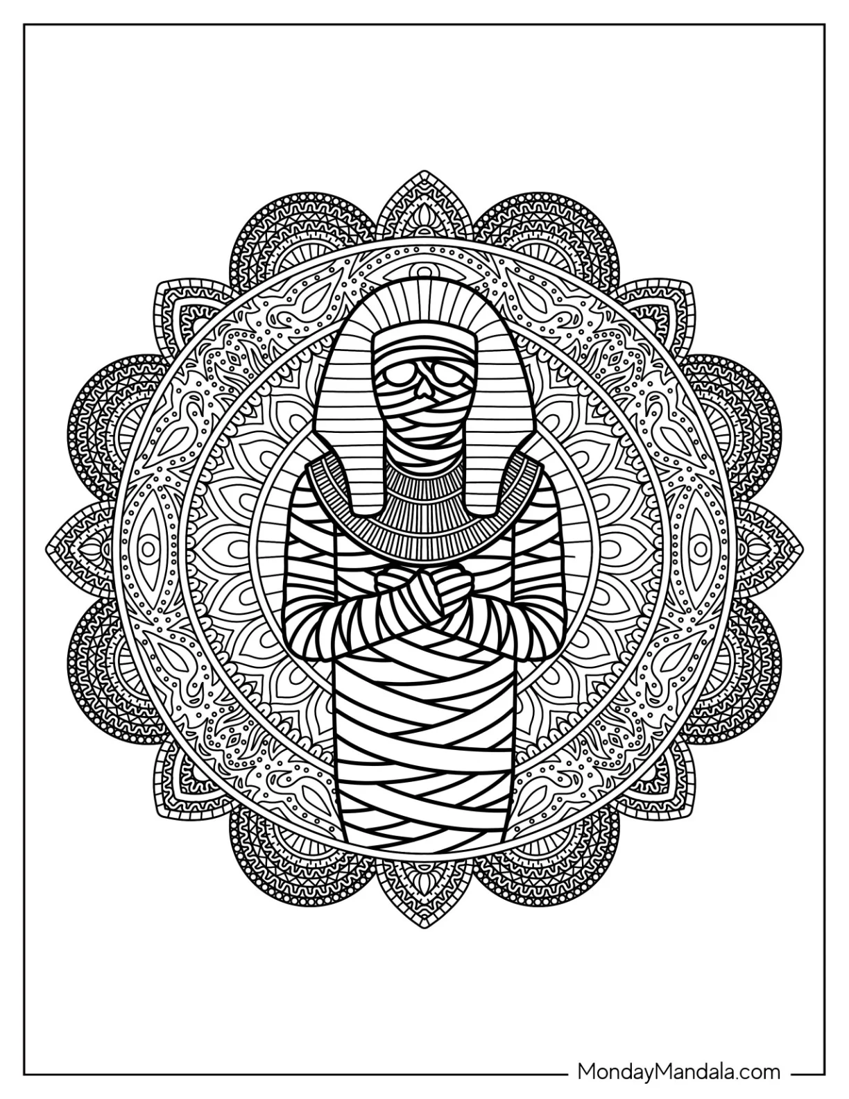 Ornate Egyptian Mummy Coloring Page with Mandala Background coloring page