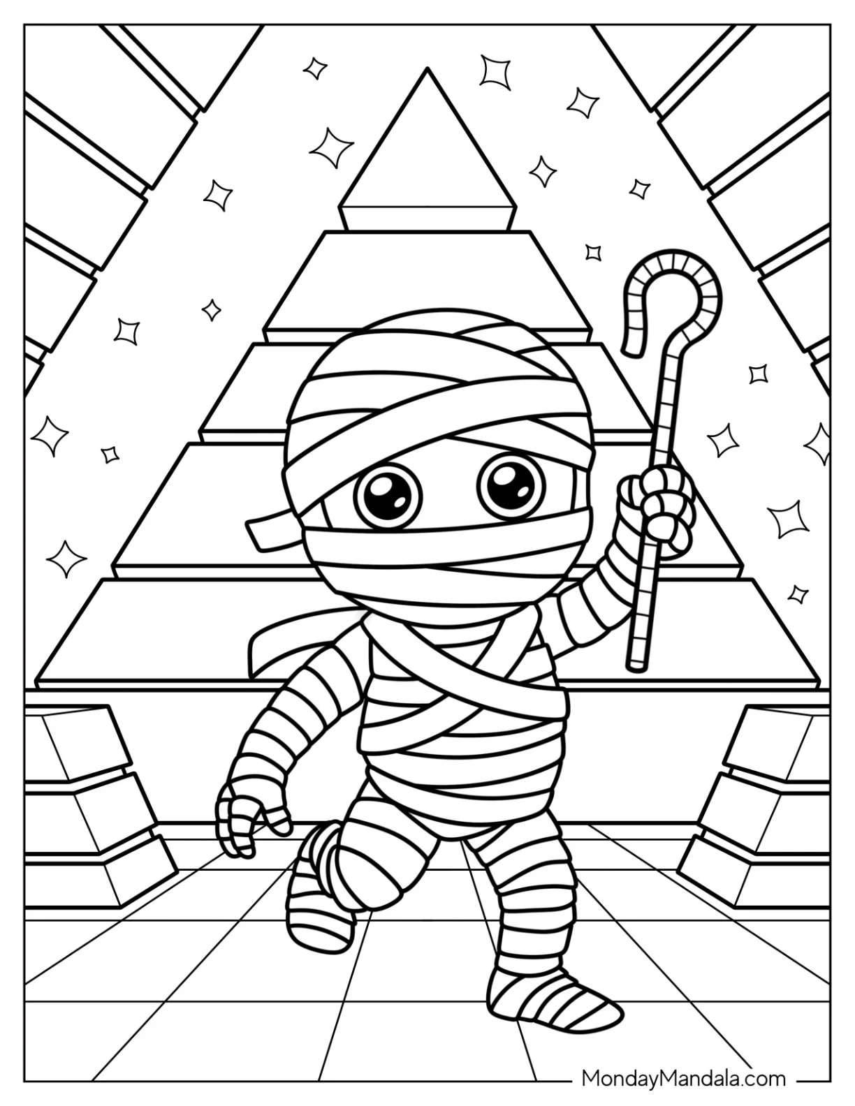 Playful Mummy Coloring Page with Staff in Front of Pyramid for Kids coloring page