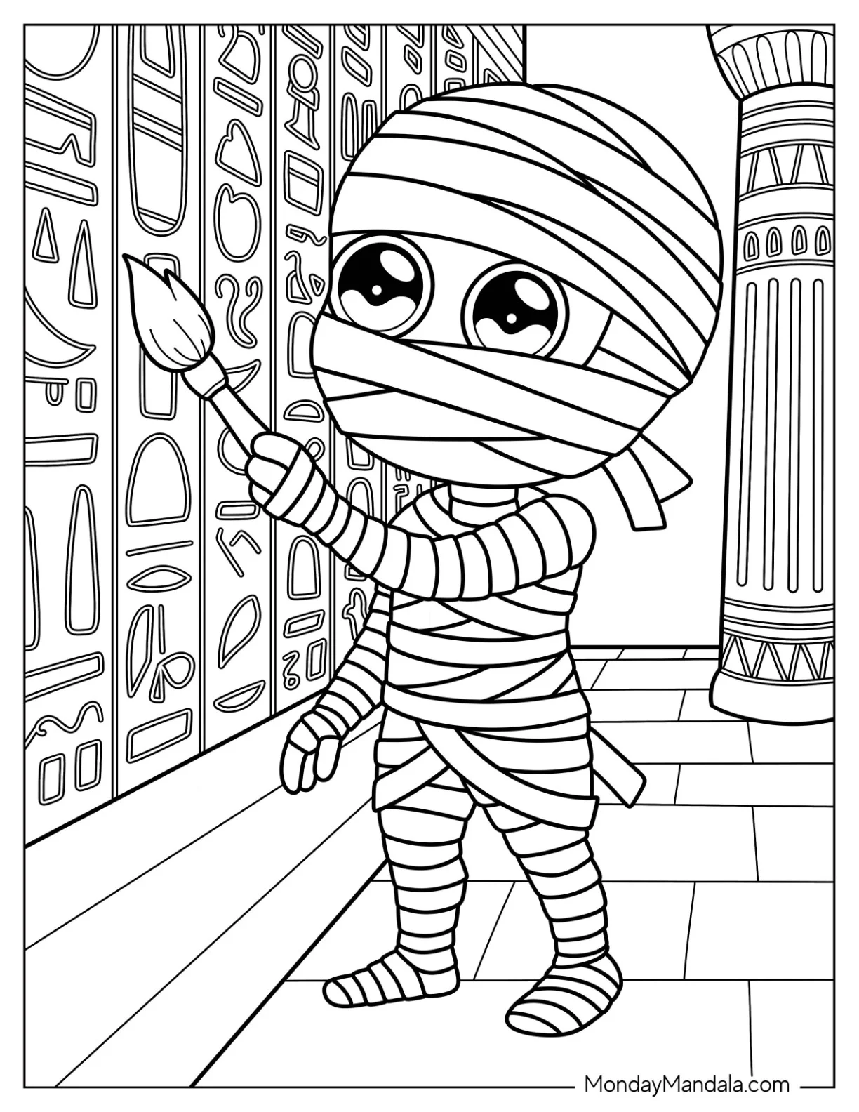 Smiling Mummy Coloring Page Drawing Ancient Symbols in Temple for Preschoolers coloring page