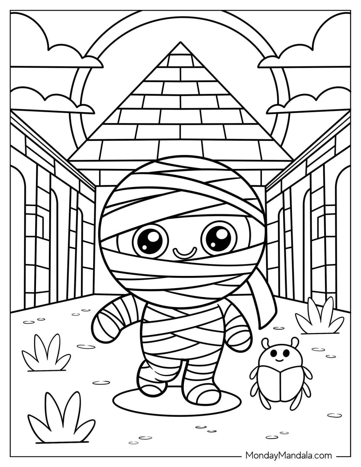 Smiling Mummy Coloring Page Exploring Ancient Pyramid Path for Preschoolers coloring page