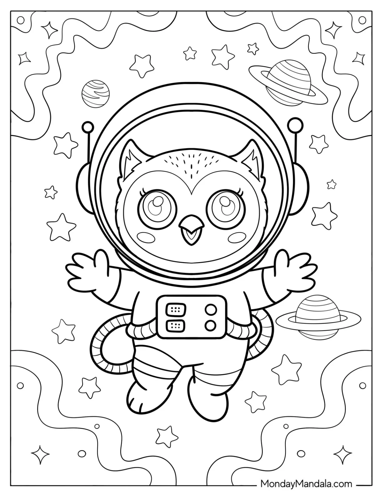 Astronaut Owl Coloring Page in Outer Space for Kids coloring page
