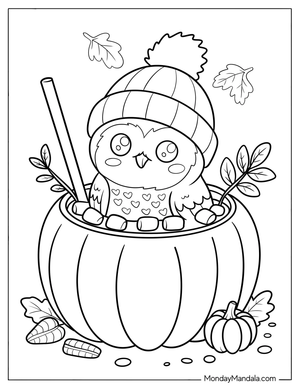 Autumn Owl Coloring Page Inside a Pumpkin Spice Latte Drink coloring page