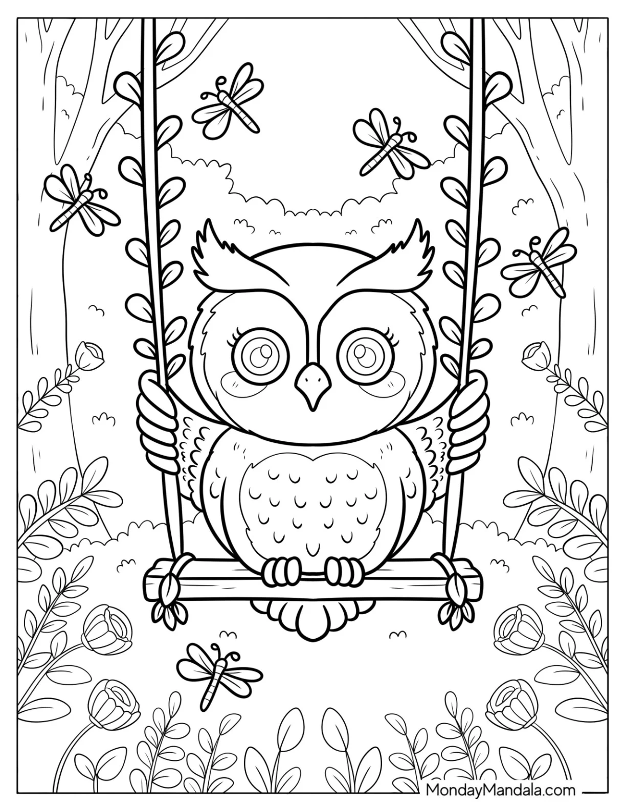Baby Owl Coloring Page on a Swing with Dragonflies for Kids coloring page