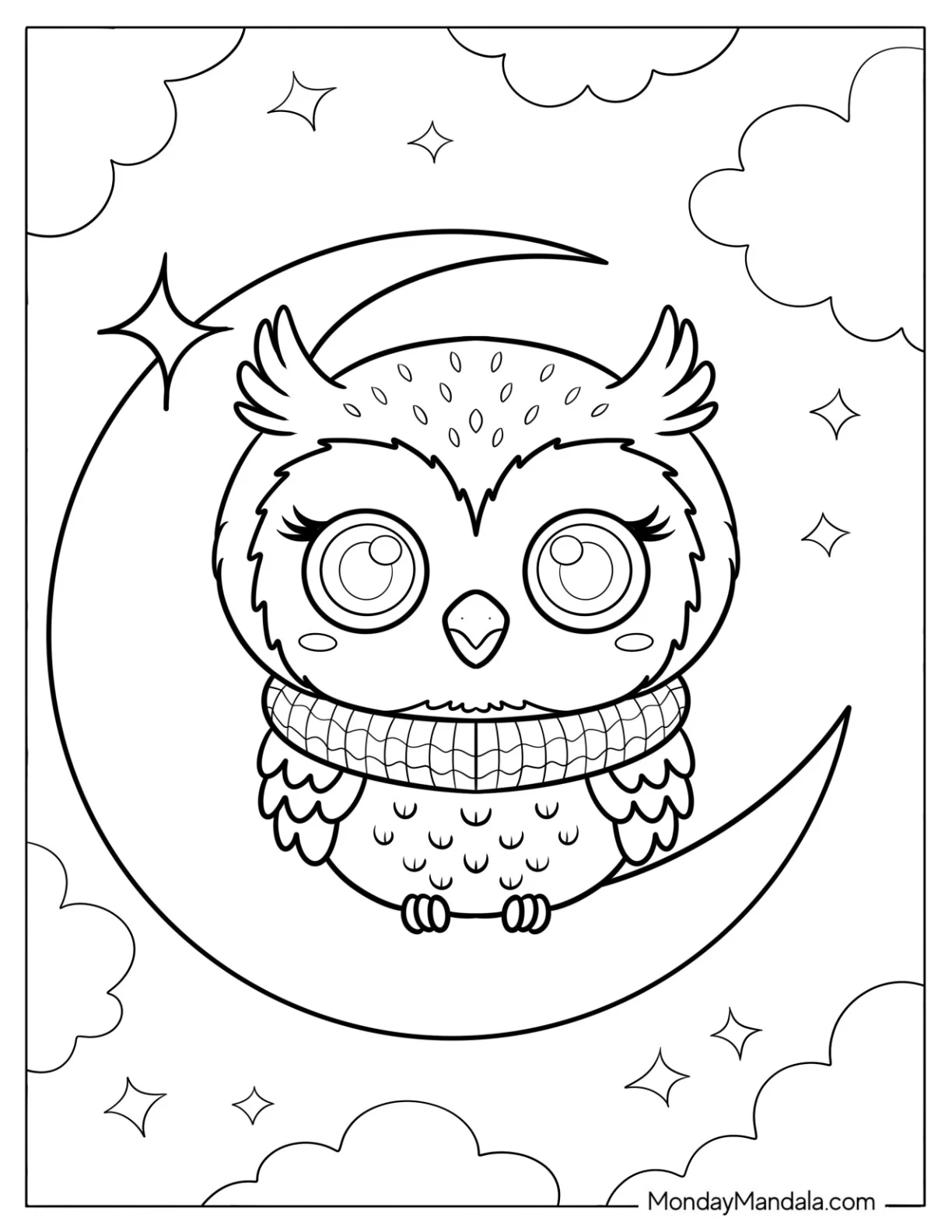 Baby Owl Coloring Page Sitting on a Crescent Moon for Preschoolers coloring page