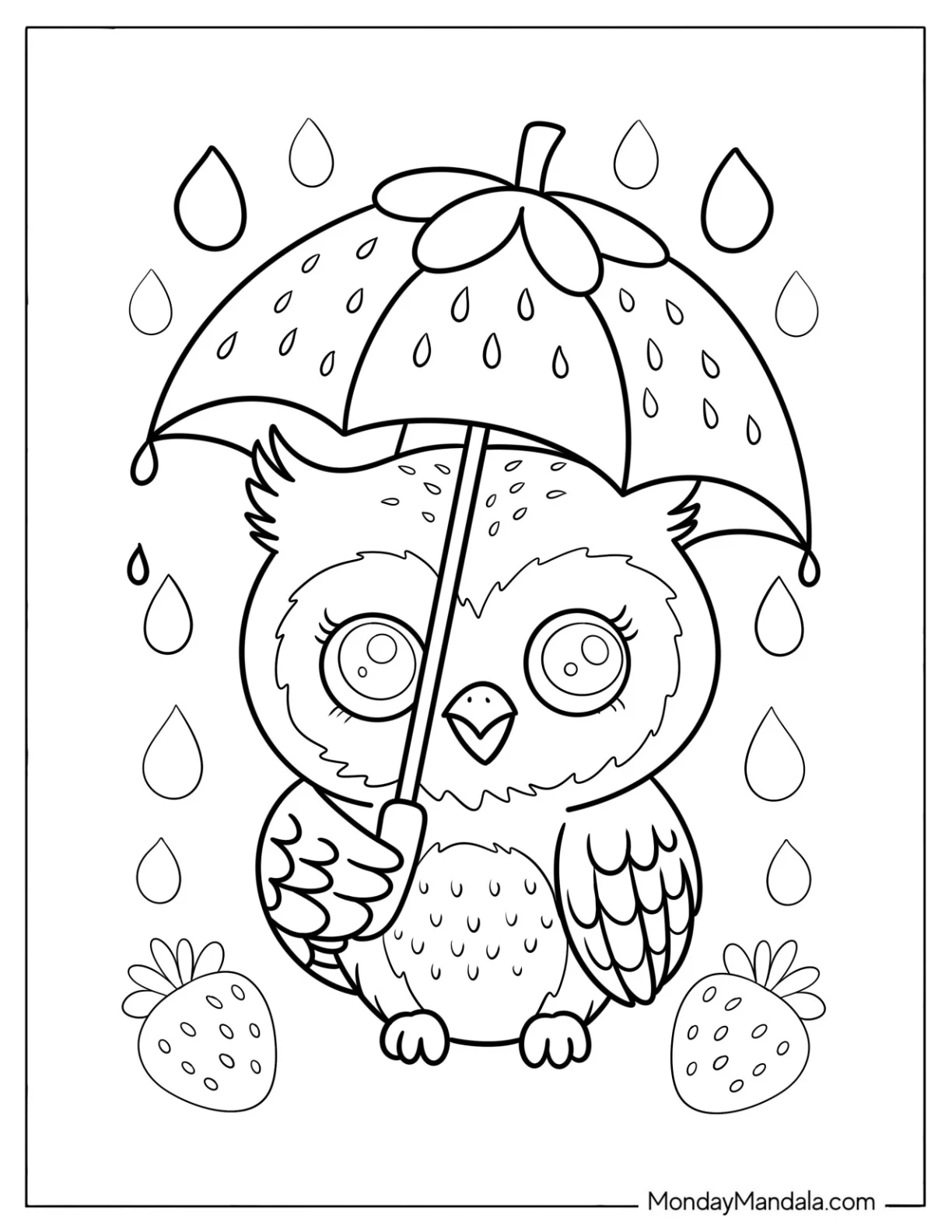 Baby Owl Coloring Page under a Strawberry Umbrella in the Rain for Kids coloring page