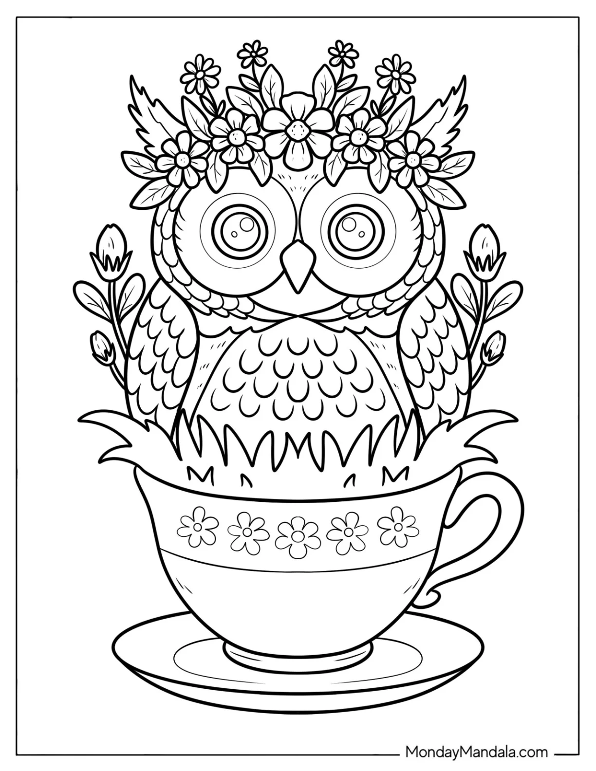 Beautiful Owl Coloring Page with a Flower Crown Sitting in a Teacup coloring page